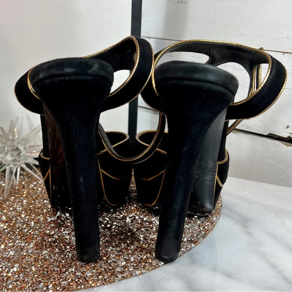Gucci Black Suede w/ Gold Piping Huston Ankle Strap Platform Pumps​